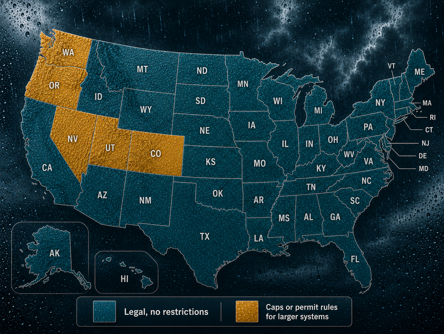 U.S. map of rainwater harvesting laws: 45 states allow collection with no restrictions; Washington, Oregon, Nevada, Utah, and Colorado apply caps or permit rules for larger systems